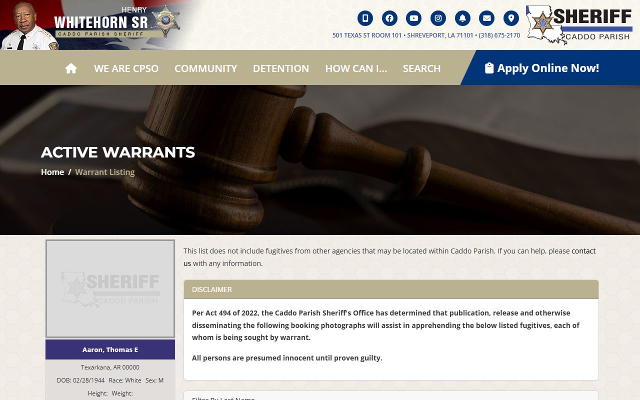 Caddo Parish warrant photos and mugshot law notice