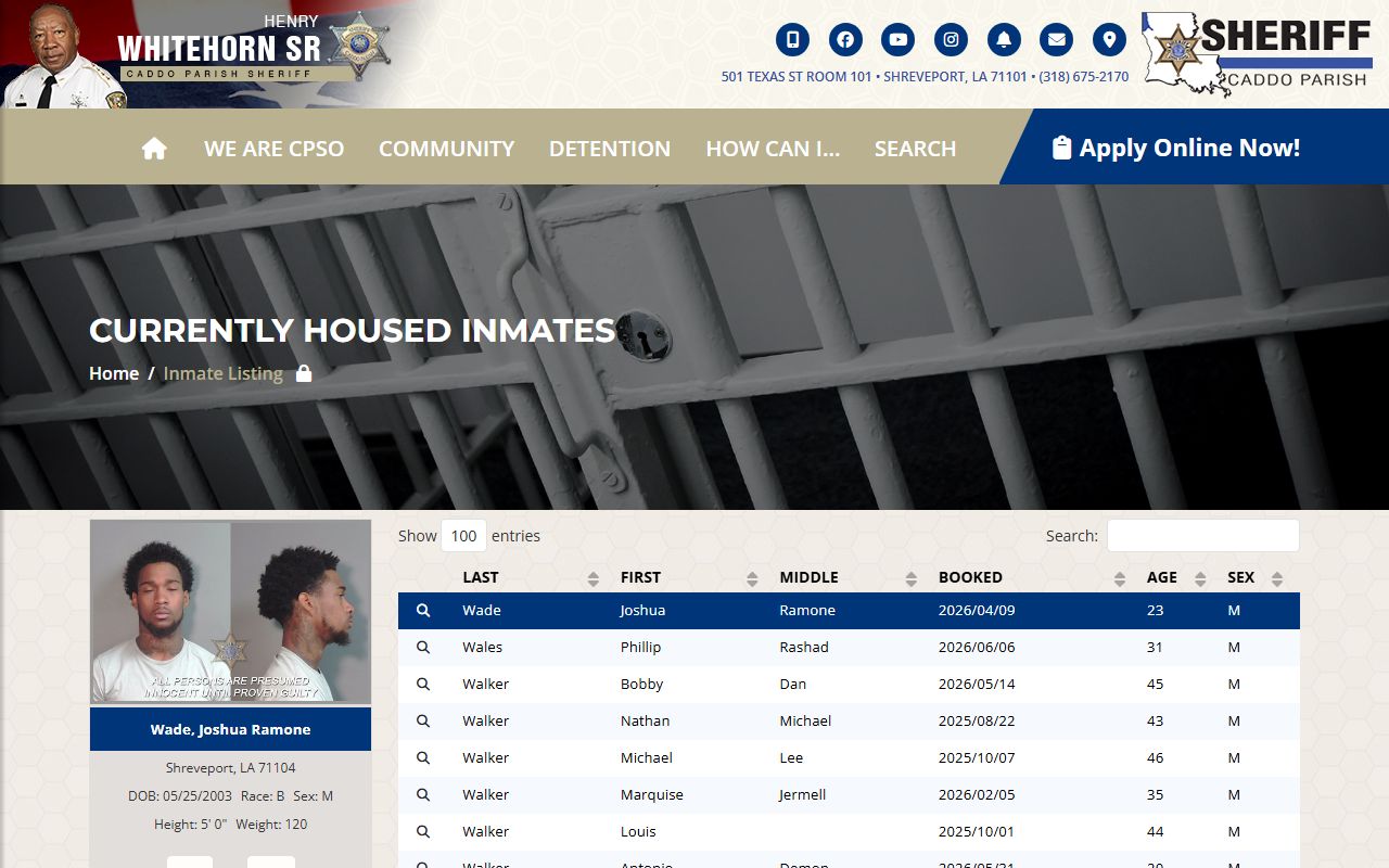 Caddo Parish inmate roster last-name filter for current jail records
