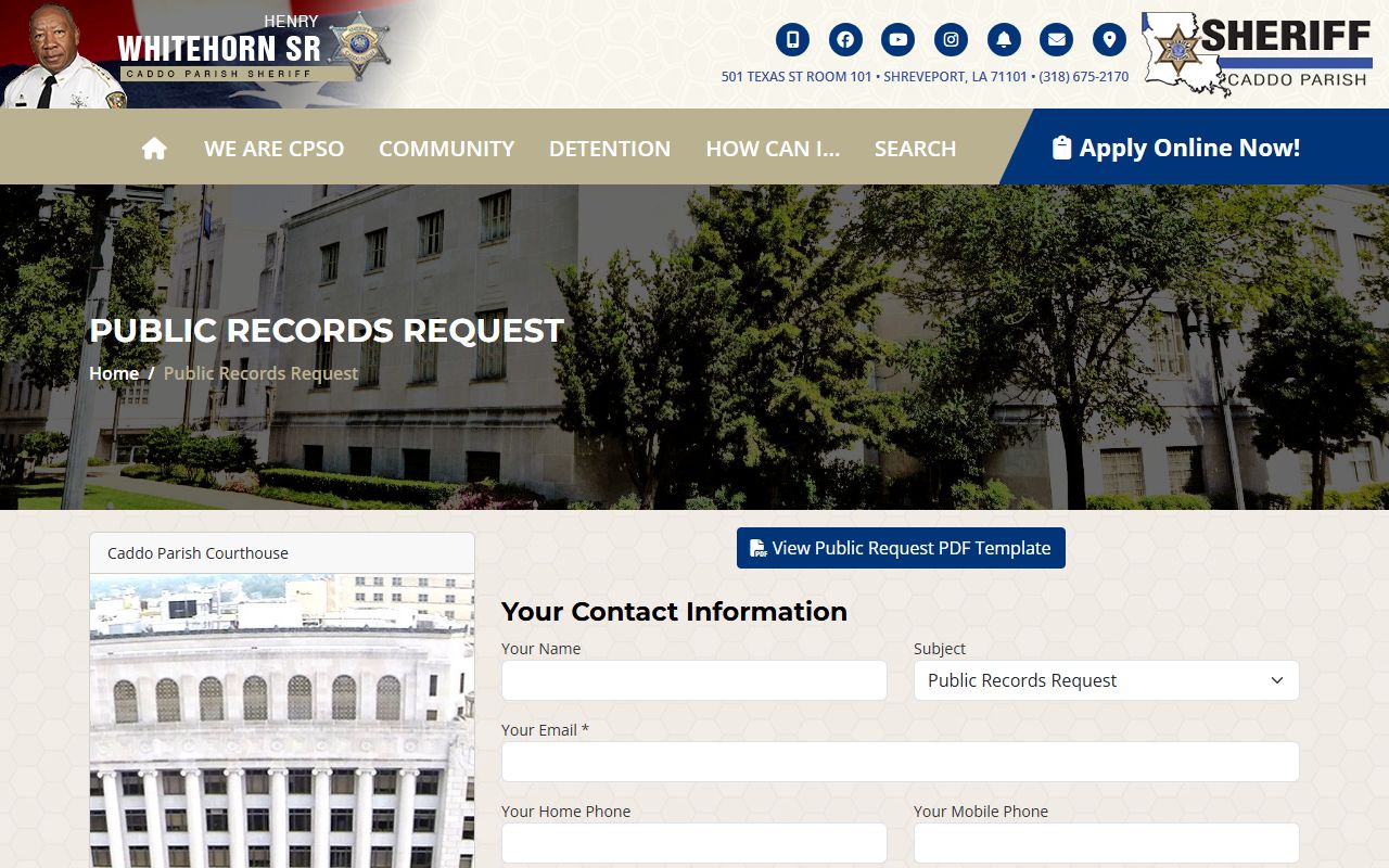 Caddo Parish public records request form for jail inmate records