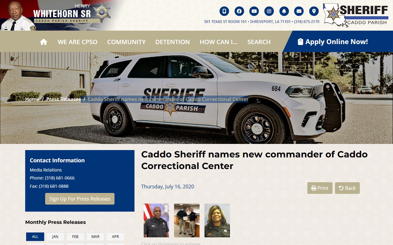 Caddo sheriff page describing Caddo Correctional Center as a direct-supervision jail