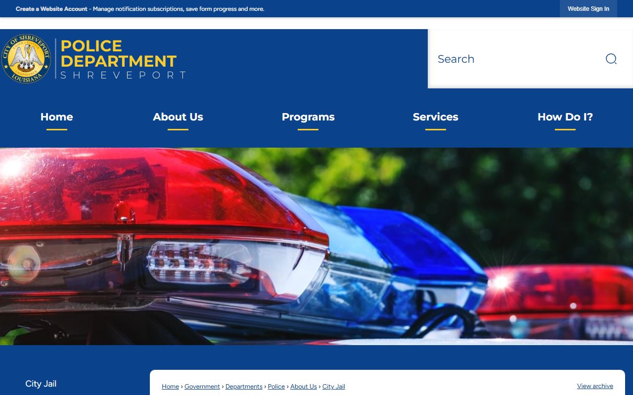 City of Shreveport City Jail page showing bonding location and daily booking reports