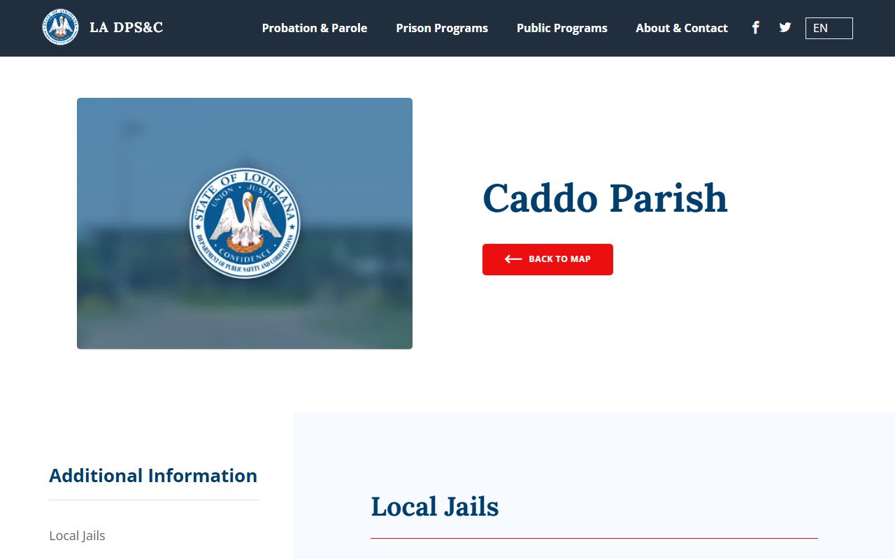 Louisiana DPS and Corrections page listing Caddo Correctional Center and Caddo Transitional Work Program